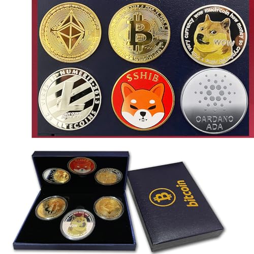 Gold Plated Physical Bitcoin (BTC) - Ethereum (ETH) Shiba Inu (SHIB) Binance (BNB) Polkadot (DOT) Dogecoin (Doge) Commemorative Coin - Blockchain Crypto Coin Set Display