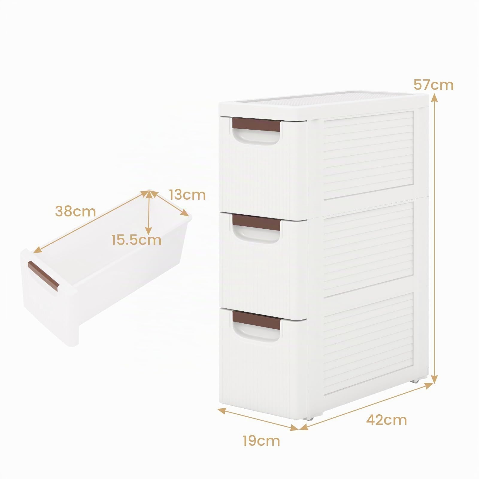 KOMFOTTEU Carrellino Stretto con Ruote, Cassettiera 3/4/5/6 Cassetti Slim, Carrello Portaoggetti a Rotelle, Mobiletto Bagno Salvaspazio per Cucina, Soggiorno, Camera da Letto, Bianco (3 Cassetti)