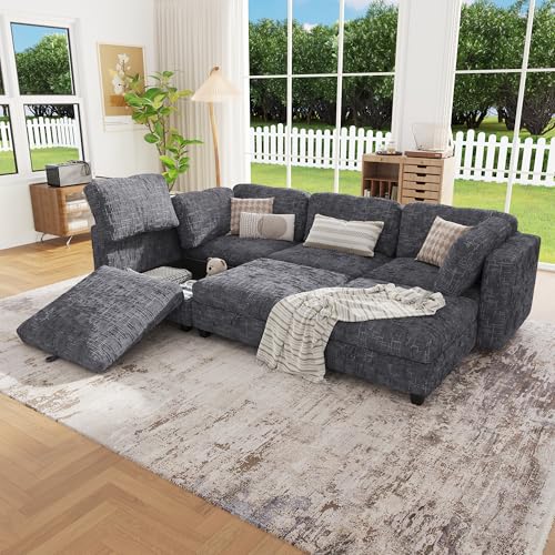 Image of 99 inch Modular Sectional Chenille Sofa bed with Hidden Storage, Comfy Modern 6 Seater Oversized Deep Seat Couch, Modular Sectional with Ottoman and Removable Cover for Living Room, Apartment, Gray
