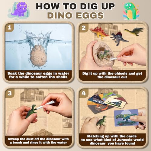 Image of 24 Dinosaur Eggs Excavation Dig Kit, Dino Party Favors for Kids Age 3+ Year | Dinosaur Learning Resources (24 Different Dinos with Knowledge Flashcards), for Birthday /Dinosaur Party Toys or as Decoration