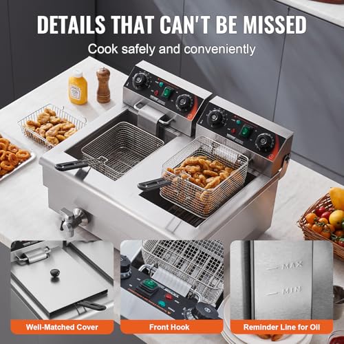 VEVOR Kommerzielle Elektrische Fritteuse, 11 x 2 L Fassungsvermögen, Fritteuse mit Doppeltem & Abnehmbarem Korb, 3000 W x 2 Edelstahl, Doppel-Fritteuse für Küche Restaurant Imbissstube – Bild 7
