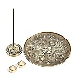 Porta Incienso Vintage, Soporte Varilla Incienso 9 Agujeros, Placa Bandeja Cenicero Incienso de Pie, Quemador de Incienso de Plato Redondo, Patrón Dragón Doble Decoración Budista Vintage