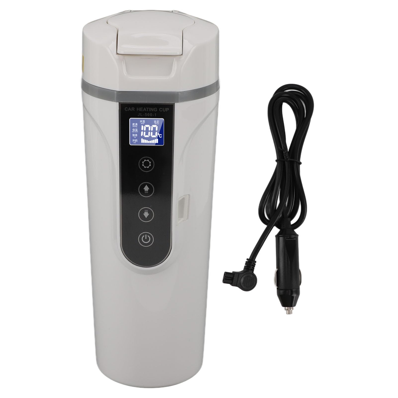 Taza Calefactora Eléctrica Portátil para Coche, Hervidor Inteligente de 500ml con Pantalla Inteligente de Temperatura para Viajes Familiares, Diseño Duradero de Acero Inoxidable (WHITE)