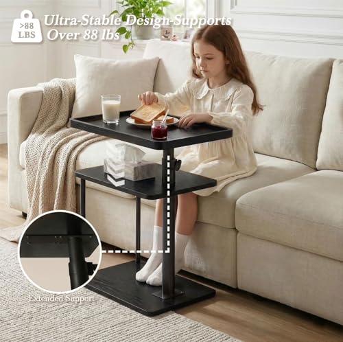 Image of Faesun C Table End Table Adjustable Height, 360Swivel TV Tray Table for Small Spaces, Small Nightstand for Living Room, Bedroom, Black