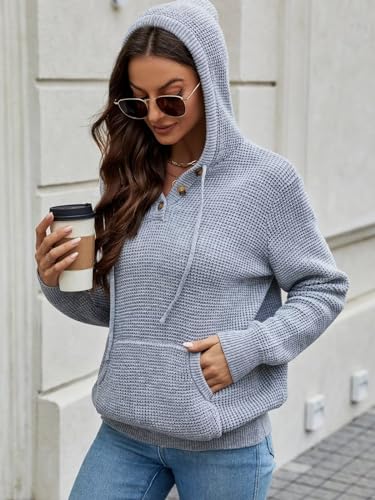 Image of CiCiBird Women's Fall Hoodies Sweater V Neck Waffle Knit Top with Pocket | Loose Fit, V Neck Button, Adjustable Drawstring, Long Sleeve, Kangaroo Pocket, Weekend Errands, Daily Wear, Work Casual
