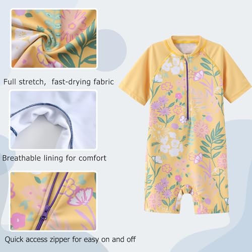 Image of Girls One Piece Rash Guard Swimsuits for Kids UPF 50+ Sun Protection Short Sleeve Swim Shirt