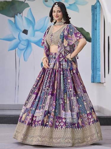 Image of Women's Digital Print With Zari Dori Embroidery Work Chinnon Silk Lehenga Choli With Dupatta (Women-Lehenga-Choli-New; Free size)