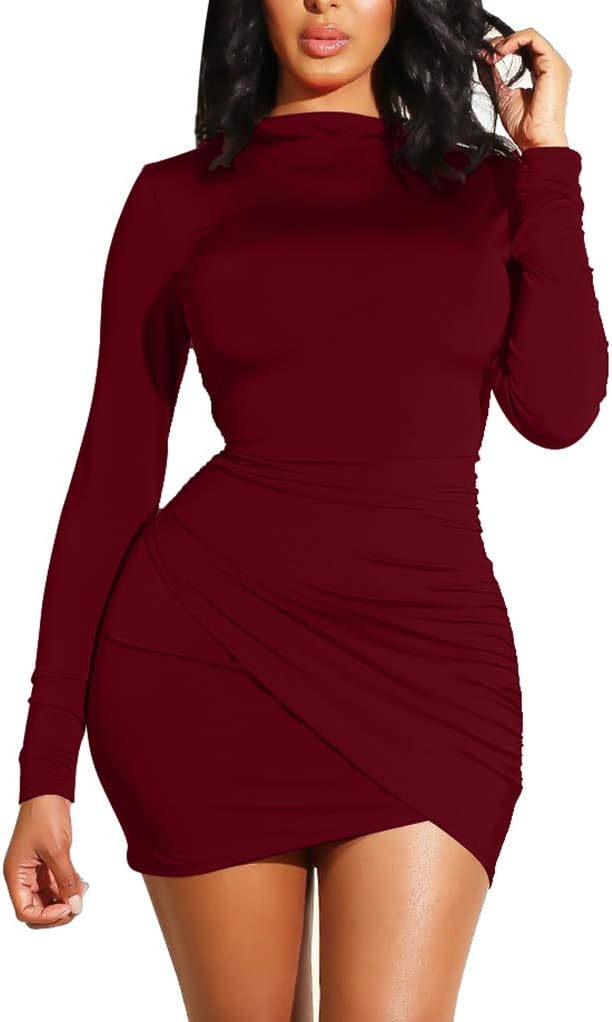 GOBLES Women's Long Sleeve Elegant Sexy Bodycon Ruched Mini Cocktail Dress