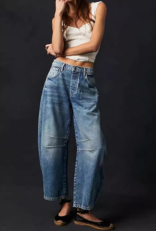 Mid Rise Barrel Womens Vintage Loose Wide Leg Cropped Denim Pants Y2k Baggy Boyfriend Jeans2