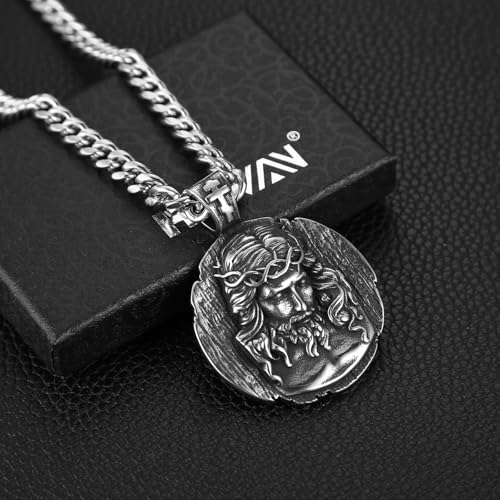 HZMAN Jesus Pendant Necklace for Men Retro Stainless Steel Medal Pendant Necklace Amulet Jewelry Gift4