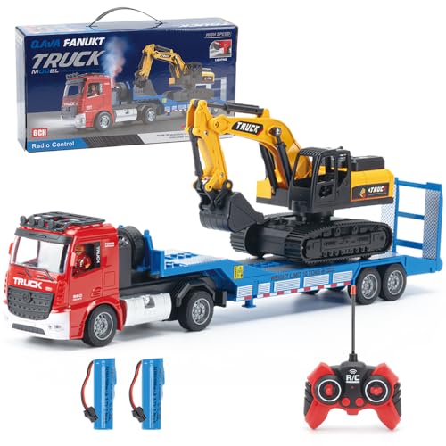 X-Verse Camion à plateau télécommandé 2,4 GHz et jouet pelleteuse, tracteur routier RC avec son et lumières adapté aux véhicules de construction pour...