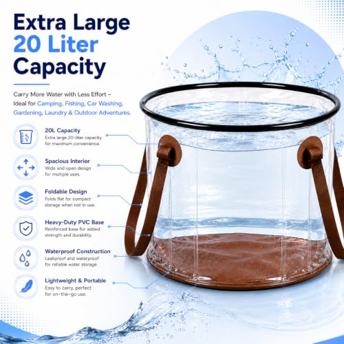 Image of Multipurpose Foldable Water Bucket 20L | Premium Transparent PVC Bucket | Portable Leakproof Water Carrier for Camping, Gardening & Car Wash(20 Liter Tansparent)