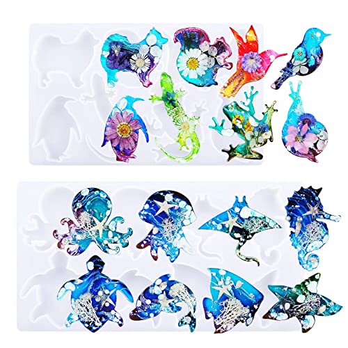 XXKJSZJQ Harzformen Silikon, 2 Sets Tier-Epoxidharz-Formen mit 16 Arten von Marine, terrestrischen Tieren, Silikonformen für Epoxidharz, DIY-Anhänger, Ornamente, Dekoration, Handwerk Cover