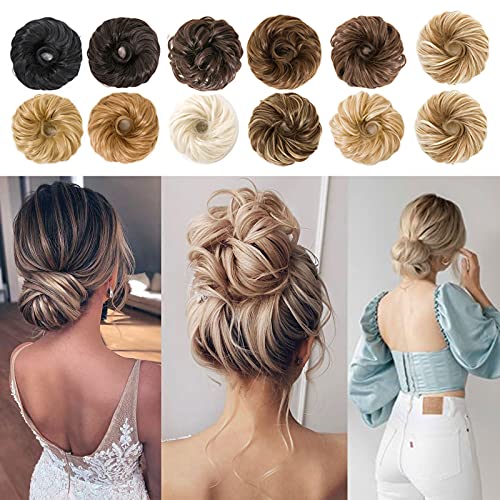 Moonshow Honey Blonde Messy Bun Hair Piece Hair Bun Extensions Wavy Curly Messy 2PCS Tousled Updo Messy Hair Bun Scrunch