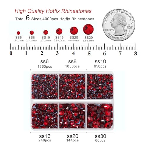 Image of BEADSLAND Hotfix Rhinestones, 4000 PCS Red Rhinestones for Clothes Crafts Mixed 6 Sizes with Wax Pencil and Tweezers Kit, SS6-SS30, Siam