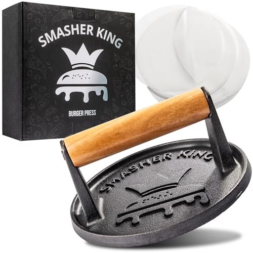 SMASHER KING™ - Smash Burger Press - Cast Iron Burger Smasher And Hamburger Patty Maker - Smash Burger Kit With 25 Sheets Of Paper - Grill Press And Steak Weight For Heavy Meat Smasher Cooking Results