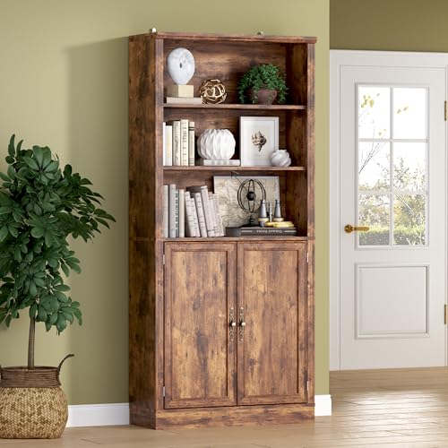 Image of BORNOON 70.1 inch Tall Bookshelf with Cabinet, 5-Tier Floor Standing Bookcase with Doors & Adjustable Shelves, 31.5 inch Wide Storage Shelf, Metal Handles, Modern Organizer for Home Office, Living Room
