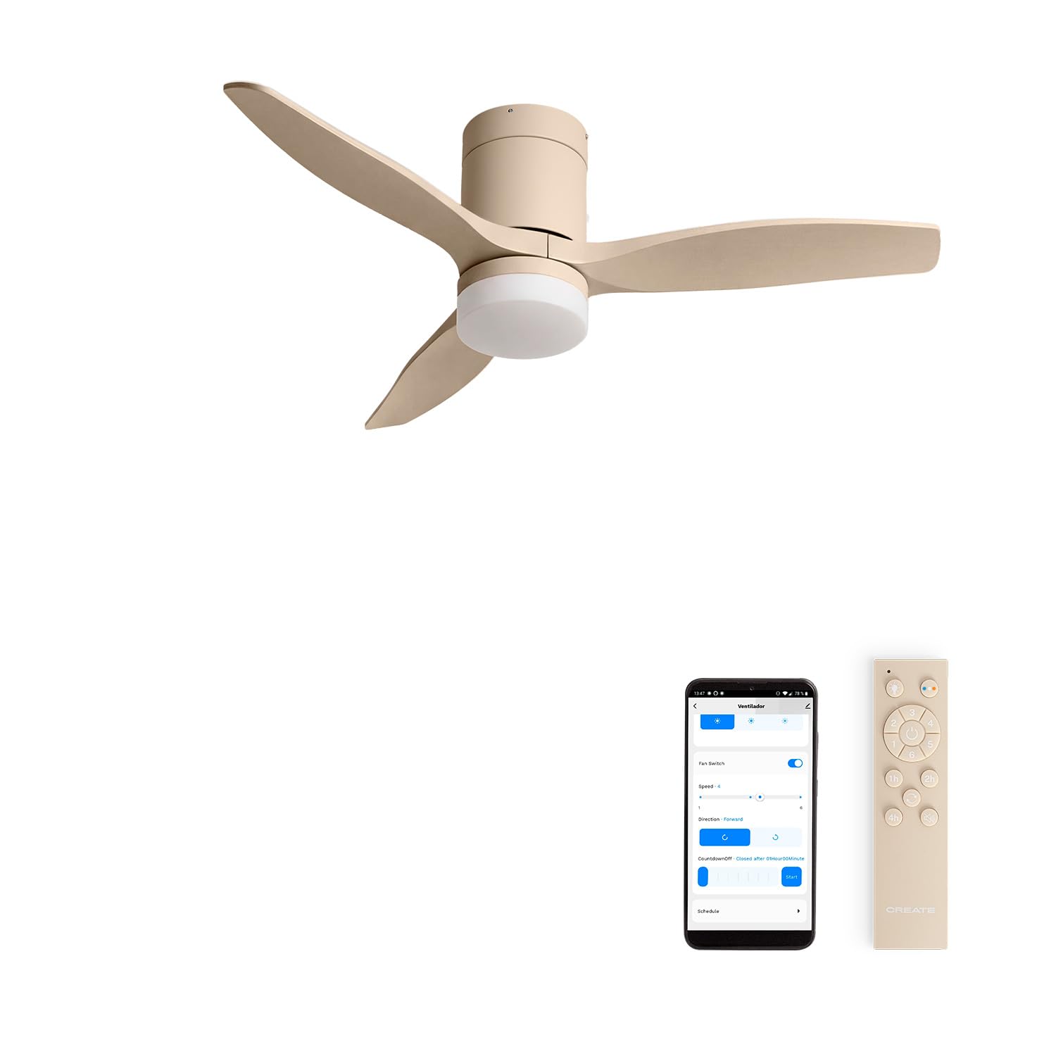 CREATE / WINDCALM S/Ventilador de techo ABS con luz arena con Wifi y mando / 40W, Silencioso, Ø112 cm, 6 velocidades, 3 temperaturas de luz, temporizador, función verano-invierno