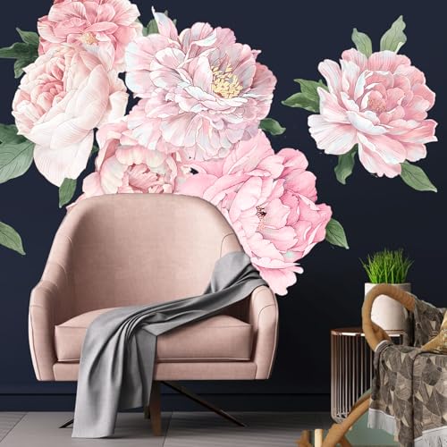Large Pink Peony Wall Decals, Blush Flower Stickers for Girls