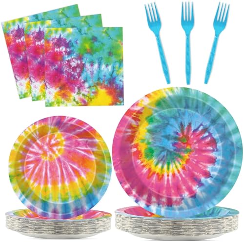 Qyeahkj QY0103 100 Pcs Tie Dye Party Plates And Napkins Set Tie Dye Birthday Party Decorations Girls Tie Dye Supplies Tie Dye Tableware Tie Dye Themed Party Favors cover