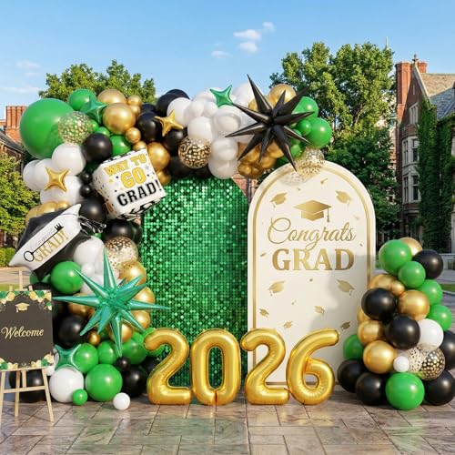 Graduation Balloons Arch Garland Kit, Graduation Party Decoration, Black Green Gold Balloon with Star Balloon Grad Hat 2026 Banner for College School Class of 2026 Congrats Grad Party Supplies by FEYG - Used condition - Image 5