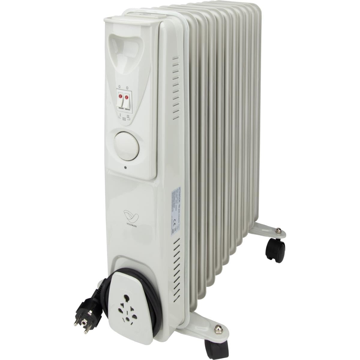VOLTMAN, Radiatore a olio mobile da 2500 W, Termostato regolabile, Da 3 a 5 livelli di riscaldamento, Ruote integrate, Silenzioso, Ideale per soggiorni, Bianco