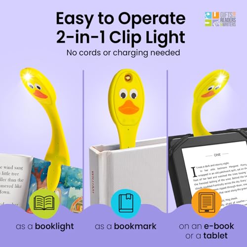 Image of Gifts for Readers & Writers Book Light, Clip On Reading Light for Bed, 2in1 Flexilight & Bookmark, Small & Lightweight with a Soft Glow, 2 Batteries Included, Duck
