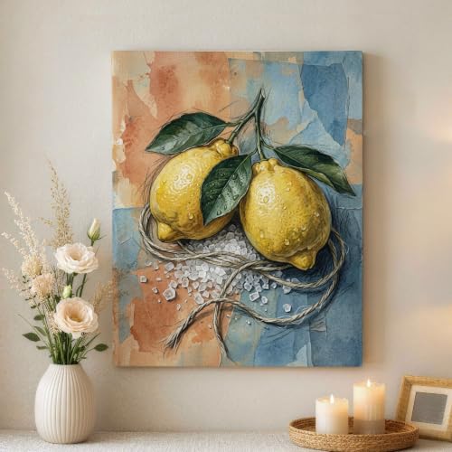 Impresión abstracta en lienzo amarillo y azul cuadro moderno de frutas para comedor