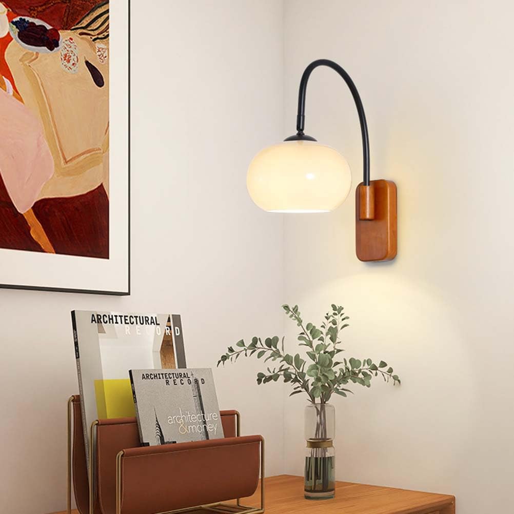 Drewniana lampa ścienna, regulowana, wewnętrzna, retro, ścienna lampa E27, obrotowa, vintage, industrialna lampka nocna z okrągłym szklanym kloszem, lampa ścienna do czytania, do sypialni, salonu, ho