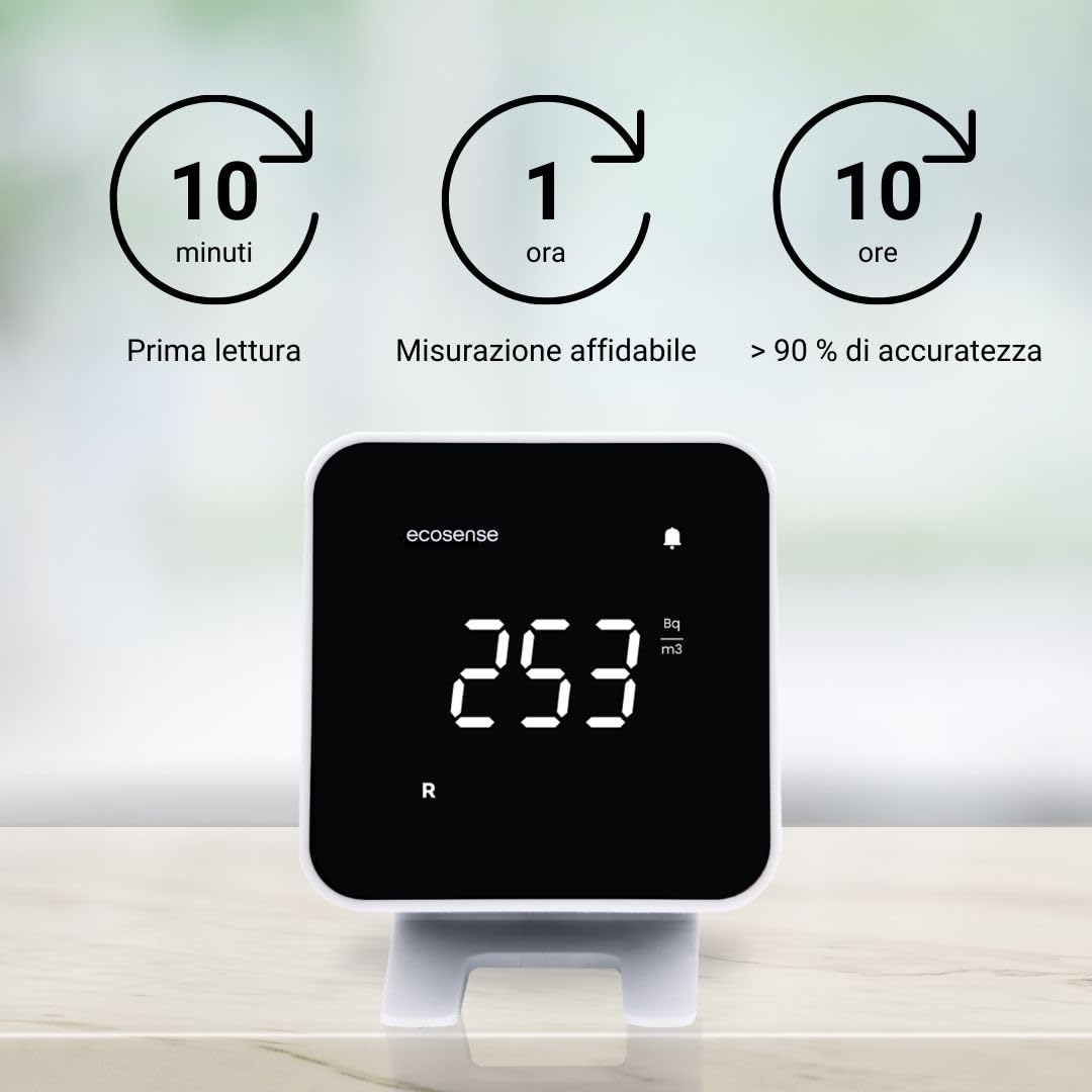 Ecosense EB100 EcoBlu, Rilevatore Radon domestico, Cattura & Visualizzazione Risultati Ogni 10 Minuti, Monitoraggio Continuo a Breve E Lungo Termine, Facile Da Usare