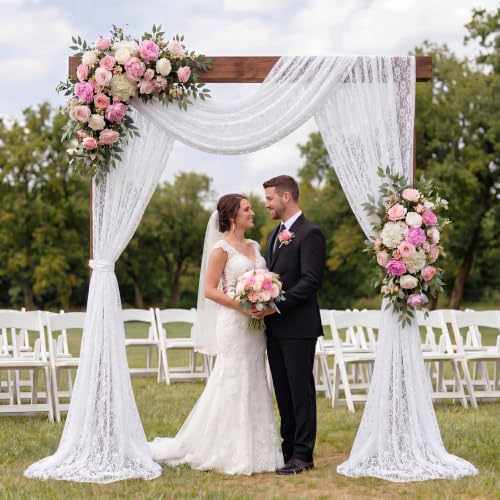 Image of HunnmingRe 1 Panel White Wedding Arch Draping Fabric Summer 30 inch X 18 FT Lace Wedding Arch Drapery Embroidered Boho Rustic Backdrop Vintage Decor for Bridal Shower Church Ceremony Decoration