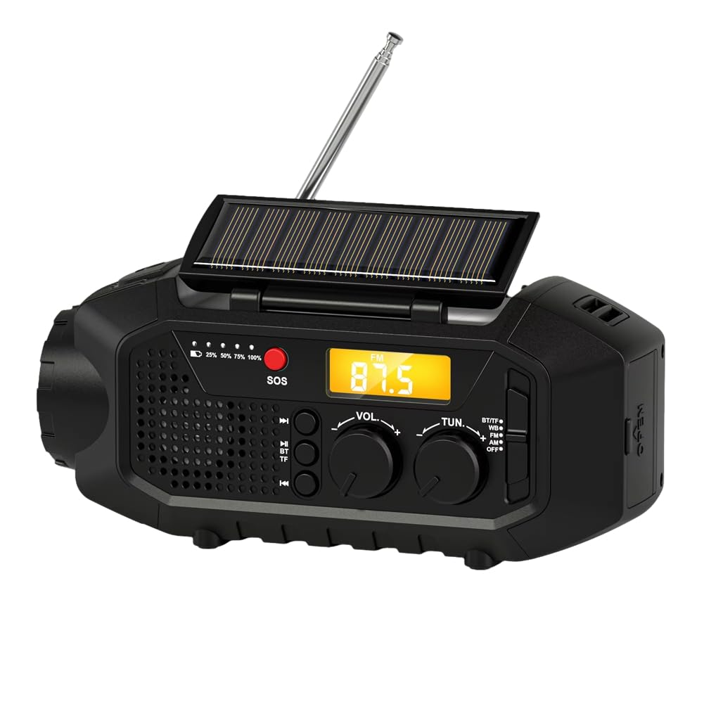 Radio awaryjne, głośnik Bluetooth, przenośna korba solarna radio AM/FM do survivalu, ładowarka USB, alarm SOS, do czytania