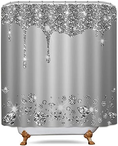 TERSUM Silver Grey Shower Curtains(No Glitter), Perfect Color Scheme for Bling Party Decorations 72x72 Inch 3D Printed Waterproof Fabric Glam Teen Girl Shower Curtains for Bathroom,YLYYTE156