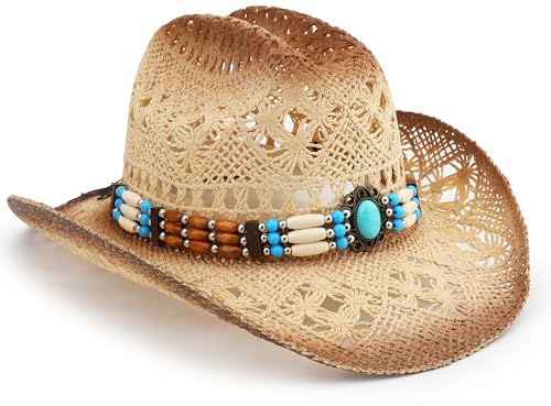 Image of Straw Cowboy Hat, Western Cowgirl Hat, Wide Brim Sun Beach Hat for Men and Women