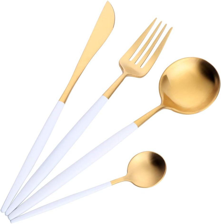 BISDARUN White Gold Cutlery with Matt Polish Flatware 1 Set Stainless Steel 4-Piece Service for 1 Person Not for Dishwasher