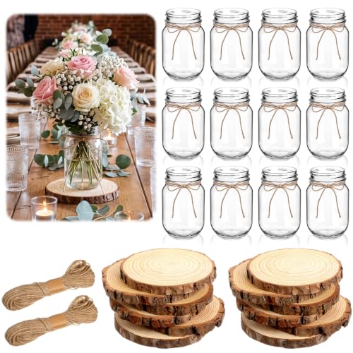 Honeydak 12 Sets Wedding Table Centerpieces 4.8 Inches Glass Mason Jar Vase for Flower Centerpieces 5.5-6.3 Inches Wood Slices Wooden Disc Coasters Winter Xmas Farmhouse Table Decoration