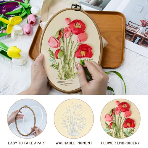 Image of XM-GENYUE 2 Sets Starter Embroidery Kit for Beginners Adults, Hand 3D Ribbons Embroidery Kit for Beginners Flowers Includes Bamboo Hoop, Cloth