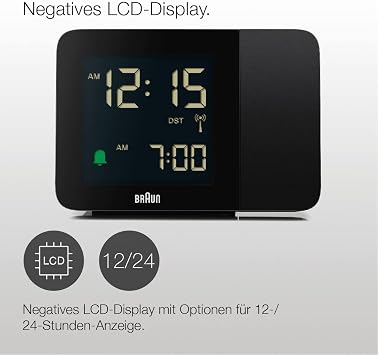 Braun Dijital kablosuz projeksiyonlu çalar saat, orta Avrupa saat dilimi (DCF) için, negatif LCD ekranlı, hızlı ayar ve alarm bip sesi, siyah renkte, model BC15B-DCF.