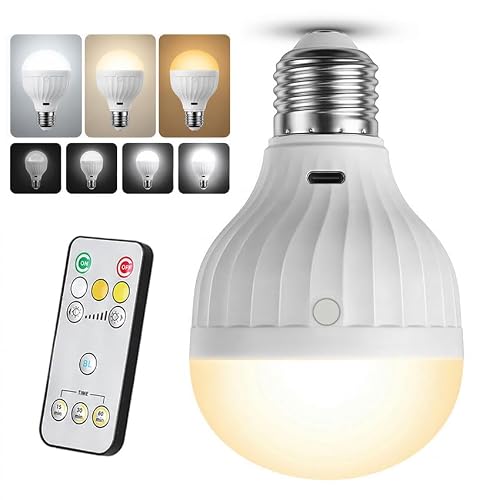 Lâmpada LED Recarregável de Emergência E27 2600mAh com Inteligente Controle Remoto, Luz Ajustável 3 Cores e 3 Intensidades, USB-C(Bivolt) Iluminação Portátil para Apagões