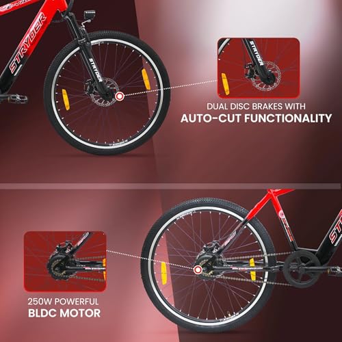 Image of Stryder E Vibe 27.5T Electric Cycle for Men & Women (5.3-6 Ft) 250W BLDC Motor | 36V 8.7Ah Li-ion Battery | Dual Disc Brakes | Front Suspension | USB Charging | with Carrier (Red)
