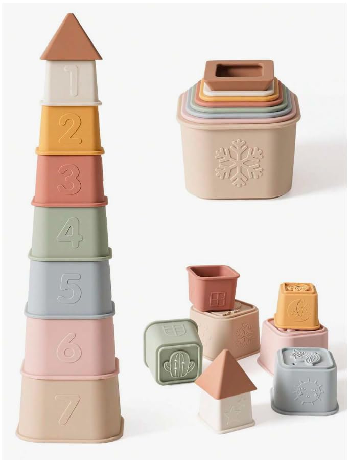 Heather Henbury 8pcs Baby Silicone Stacking Cups Set, Early Education Stacking Blocks, Silicone Stacking Toys For Toddlers