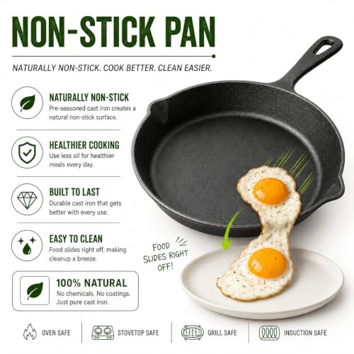 Image of Esspy Pre-Seasoned Cast Iron Frying Pan | 9.5inch / 1.5L / 3-4 People | Toxin Free | No-Chemical Coating | Skillet for Frying, Searing, Sauteing, Baking, Roasting | Cast Iron Cookware