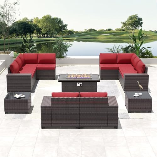 Image of 13 PCS Outdoor Patio Furniture Set,Outdoor Sectional Furniture with 43 inch 55000 BTU Gas Propane Fire Pit Table,All Weather PE Rattan Wicker Patio Conversation Set,Red