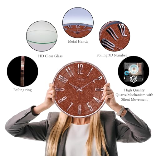 Image of RANDOM Sweep Silent Wall Clock, Non-Ticking Quartz Movement with 3D Foiling Numbers. (Brown)