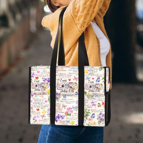 Image of Multi-Pocket Tote Bag for Women. Waterproof Shoulder Bag with Multiple Convenient Pockets and Zipper. God Jesus Christian Faith Religious Gift. I am Loved.