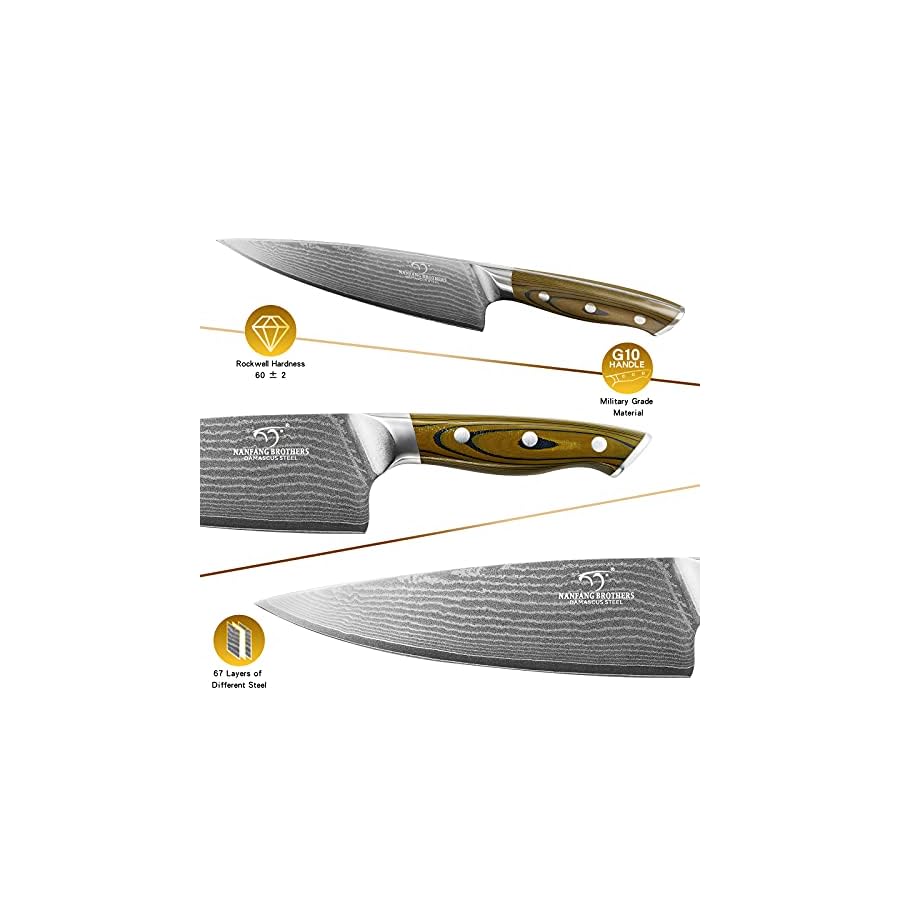 Kitchen-Damascus-Knife-Set-9-Piece-Kitchen-Knife-Set-with-Block-Non-slip-G10-Ergonomic-Triple-Rivet-Handle-for-Chef-Knives-Knife-Sharpener-and-Kitchen-Shears-Natural-Wood-Block-Black Kitchen Damascus Knife Set, 9-Piece Kitchen Knife Set with Block, Non-slip G10 Ergonomic Triple Rivet Handle for Chef Knives, Knife Sharpener and Kitchen Shears, Natural Wood Block (Brown/Grey)