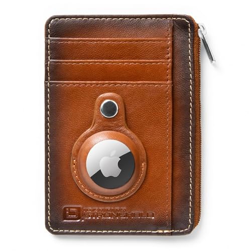 Image of ID Stronghold RFID Blocking Front Pocket Wallet - Slim Minimalist Genuine Leather Wallet with Zipper Coin Pocket (Airtag Antiqued Brown)