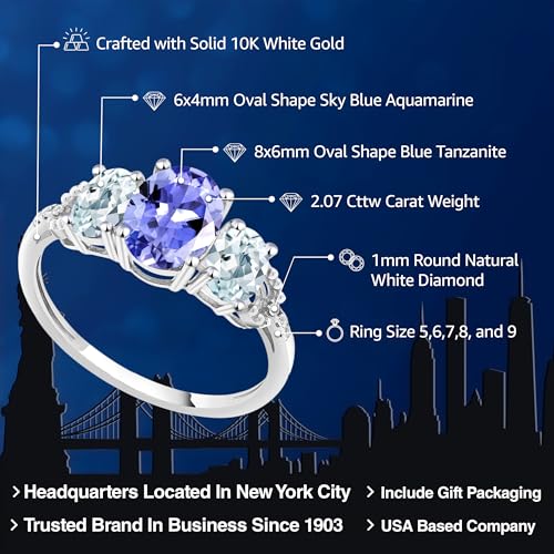 Gem Stone King 10K White Gold Blue Tanzanite Sky Blue Aquamarine & Diamond Accent 3-Stone Engagement Ring | 2.07 Cttw | 3 Stone Wedding Engagement Anniversary Promise Ring For Women2