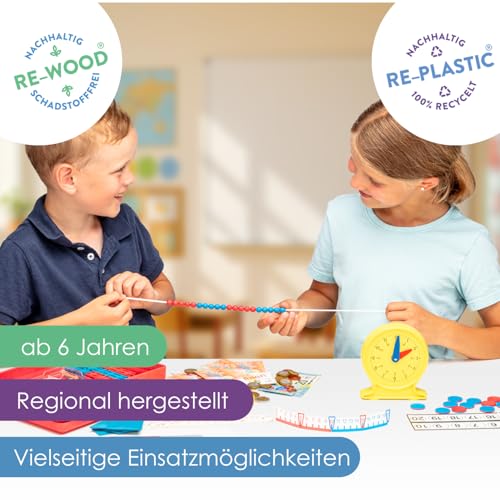 WISSNER® Mathe-Lernbox für die Grundschule mit Übungsaufgaben - Mathe-Set Made in Germany, Ideal für die 1. Klasse & Dyskalkulie inklusive Geobrett, Zahlenbox, Spielgeld, Lernuhr u.v.m.