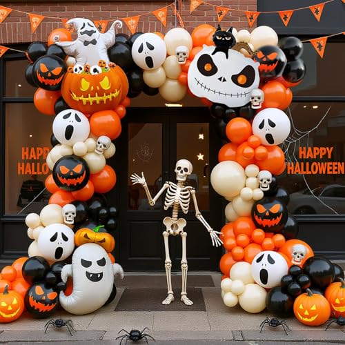 AobkDeco 152pcs Halloween Balloon Garland Arch Kit -Orange lvory White and Black Balloons with Pumpkin Ghost&Black Cat Foil Balloons For halloween Party Decoration Halloween Theme Party Supplies